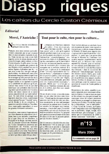 Diasporiques : les cahiers du Cercle Gaston-Crémieux N°13 (Mars 2000)